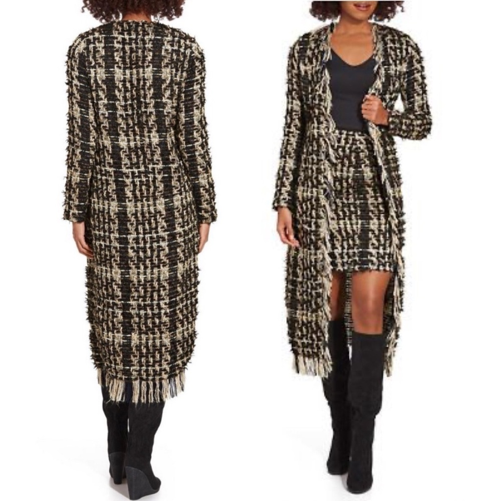 NEW Boston Proper Tweed Duster & Skirt Set Black Tan Gold Fringe Size Large | 14